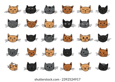 Hand drawn cat muzzle clipart. Cute pet face doodle set