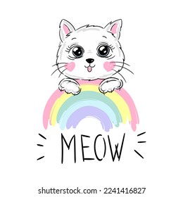 Hand drawn cat on the rainbow and meow text. Cartoon character vector illustration. Childish design print on t-shirt.
