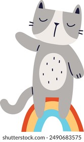 Gato dibujado a mano en la Ilustración vectorial del arco iris