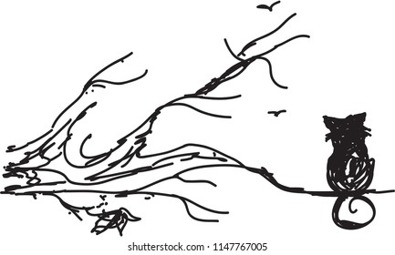hand drawn cat on a tree vector