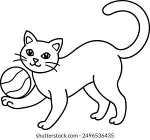 Hand drawn cat outline illustration playing with a basketball, lineart, drawing and minimal.