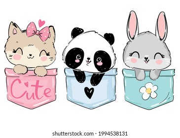 Hand Drawn Cat, Panda, Bunny. Cute Animals sitting in a pocket vector Sketch, Print Design, children print on t-shirt.