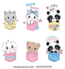 Gato De Mano, Panda, Conejo, Oso. Animales cortos sentados en un bosquejo vectorial de bolsillo, Diseño de impresión, niños impresos en camiseta.