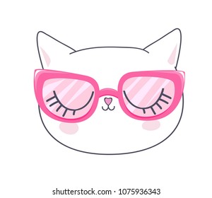 Hand Drawn Cat with pink glasses, Vector Illustration