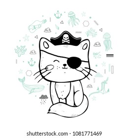 Hand drawn cat pirate. Cute vector illustration. Kitten, pet, animal. Sea, ocean