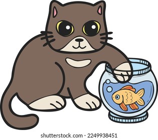 Hand Drawn cat playing with fish illustration in doodle style isolated on background