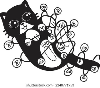 Hand Drawn cat playing with light bulb illustration in doodle style isolated on background