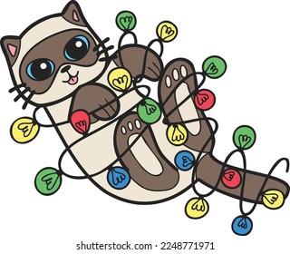 Hand Drawn cat playing with light bulb illustration in doodle style isolated on background