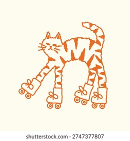 hand drawn cat playing roller skates cartoon doodle illustration