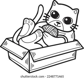 Hand Drawn cat playing with yarn in a box illustration in doodle style isolated on background