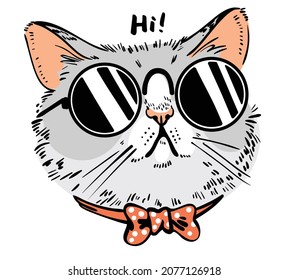 Hand drawn cat portrait. Portrait of a cat with bow tie and glasses hipster. Cartoon characters. Funny vector illustration. Isolated on white background. 