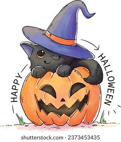 hand drawn cat and pumpkin with cute style happy hallowen