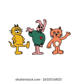 hand drawn cat and rabbit retro cartoon character illustration
