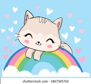 Hand drawn cat and rainbow cartoon character vector illustration childish design print on t-shirt.