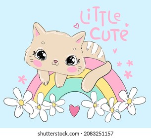 Hand drawn cat and rainbow Cartoon character vector illustration. Childish design print on t-shirt.