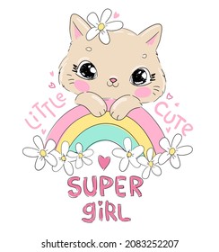 Hand drawn cat and rainbow and flowers Cartoon character vector illustration. Childish design print on t-shirt.