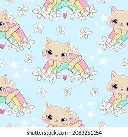 Hand drawn cat and rainbow seamless pattern Cartoon vector illustration. Childish design print on t-shirt.