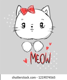 Hand drawn cat with red bow. Weow Hand Drawn Phrase.  Print design children t-shirt.