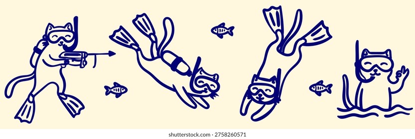 hand drawn cat scuba diving and snorkeling vector set funny kitten characters underwater with flippers and masks for stickers and prints