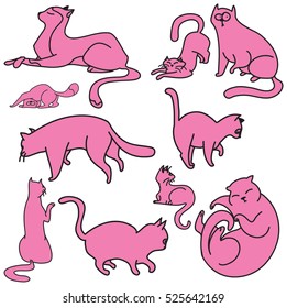 Hand drawn cat set. Cat poses set. Linear art. Linear cats set isolated.