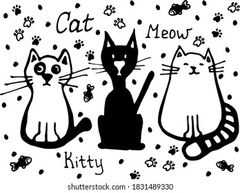 Hand drawn cat set with words, fish and paw prints. Cute Doodle vector animal illustration.