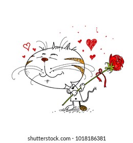 Hand Drawn Cat showing Love and Hearts Holding Red Flower Rose. Valentine Vector Cute Drawing Card.