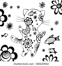 Hand drawn Cat silhouette with flowers and fishes inside contour isolated on white. Silhouette of a cat standing, rear view.