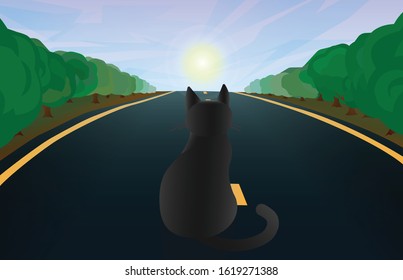Hand drawn cat sitting on the road inside the forest. The black cat walking alone on the asphalt. The cat looking at the sun and beautiful sky. Vector illustration