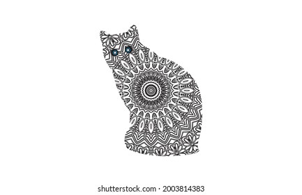 Hand drawn cat. Sketch for anti-stress adult coloring book in zen-tangle style. Vector illustration for coloring page