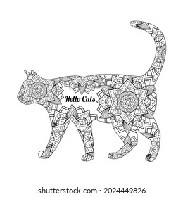 Hand drawn cat. Sketch for anti-stress adult coloring book in zen-tangle style. Vector illustration for coloring page