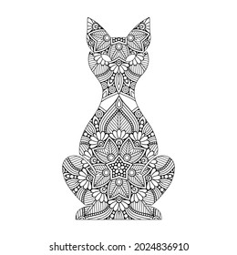Hand drawn cat. Sketch for anti-stress adult coloring book in zen-tangle style. Vector illustration for coloring page
