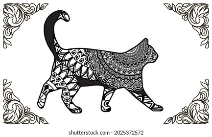 Hand drawn cat. Sketch for anti-stress adult coloring book in zen-tangle style. Vector illustration for coloring page