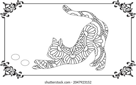 Hand drawn cat. Sketch for anti-stress adult coloring book in zen-tangle style. Vector illustration for coloring page or for print on T-shirt.