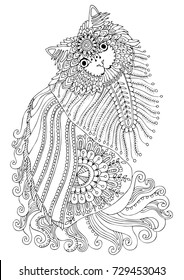 Hand drawn cat. Sketch for anti-stress adult coloring book in zen-tangle style. Vector illustration  for coloring page or for print on T-shirt. 