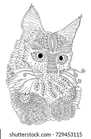 Hand drawn cat. Sketch for anti-stress adult coloring book in zen-tangle style. Vector illustration  for coloring page.