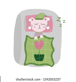 Hand drawn cat sleeping under patchwork quilt blanket. Cute cartoon cat vector.