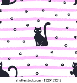 Hand drawn cat with stripes and paw footprints. Vector seamless pattern.