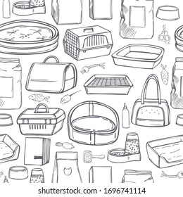 Hand drawn cat stuff set. Toys, food, and pet care accessories. Vector seamless pattern.