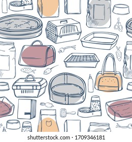 Hand drawn cat stuff set. Toys, food, and pet care accessories. Vector seamless pattern.