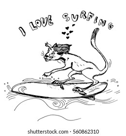 Hand drawn cat surfer. Vector illustration. Hand written text" I love surfing". Sketch
