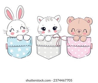 Hand Drawn Cat, Teddy Bear, Bunny. Cute Animals sitting in a pocket vector Sketch, Print Design, children print on t-shirt. svg