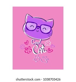 Hand Drawn Cat Vector Illustration, Cat with glasses, print design, children print on t-shirt girl.