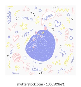 Hand drawn cat vector illustration. Flat style. Doodle with cute and playful kitten with interior houseplants clipart. Isolated cartoon character