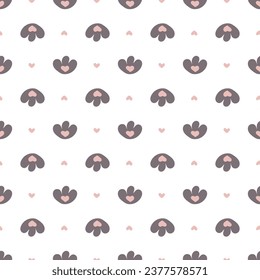 Hand drawn cat vector seamless pattern of funny cartoon cat's paw and hearts
