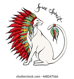 Hand drawn cat in war bonnet. Pets portrait with native American Indian chief headdress. Doodle animal in tribal headdress. Free spirit lettering. Idea for t-shirt print. Vector illustration.