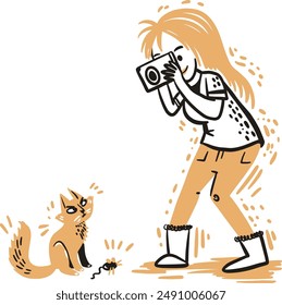 Hand Drawn cat and woman photographer