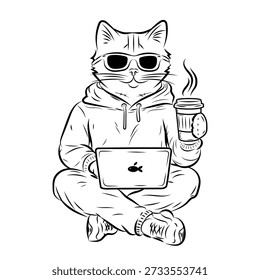Hand Drawn Cat Working on Laptop, Programmer Cat Illustration, Cozy Tech Line Art Character