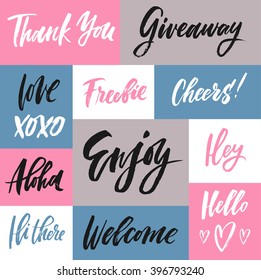 Hand drawn catchwords. Hello, welcome, hey, freebie, cheers, enjoy, thank you, hugs, love, aloha, giveaway, hi there. Hand lettering for print (t-shirt, decor, poster, card) and for web (banner, blog)