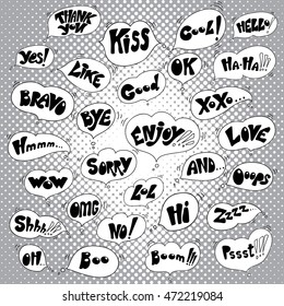 Hand drawn catchwords on the background of pop art.  Vector image.