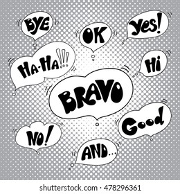 Hand drawn catchwords on the background of pop art. Hand lettering for mobile phones, for print (t-shirt, decor, poster, card) and for web (banner, blog). Vector image.